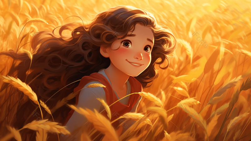 卡通长发女孩在金黄色的麦子地里数字艺术,插画/手绘图,插画/手绘图库,插画/手绘图下载,插画/手绘